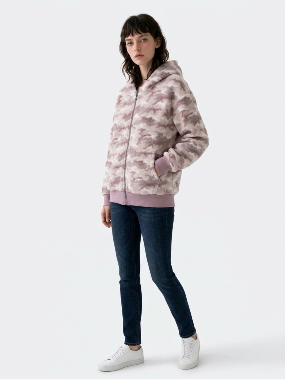 Women's Plush Hooded Teddy Jacket in Light Mauve/Pink Camo with Large Pockets
